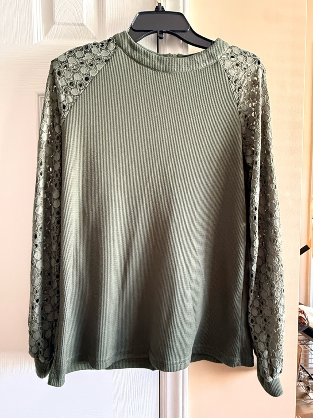 Olive Lace-Sleeve Women's Long Sleeve Top